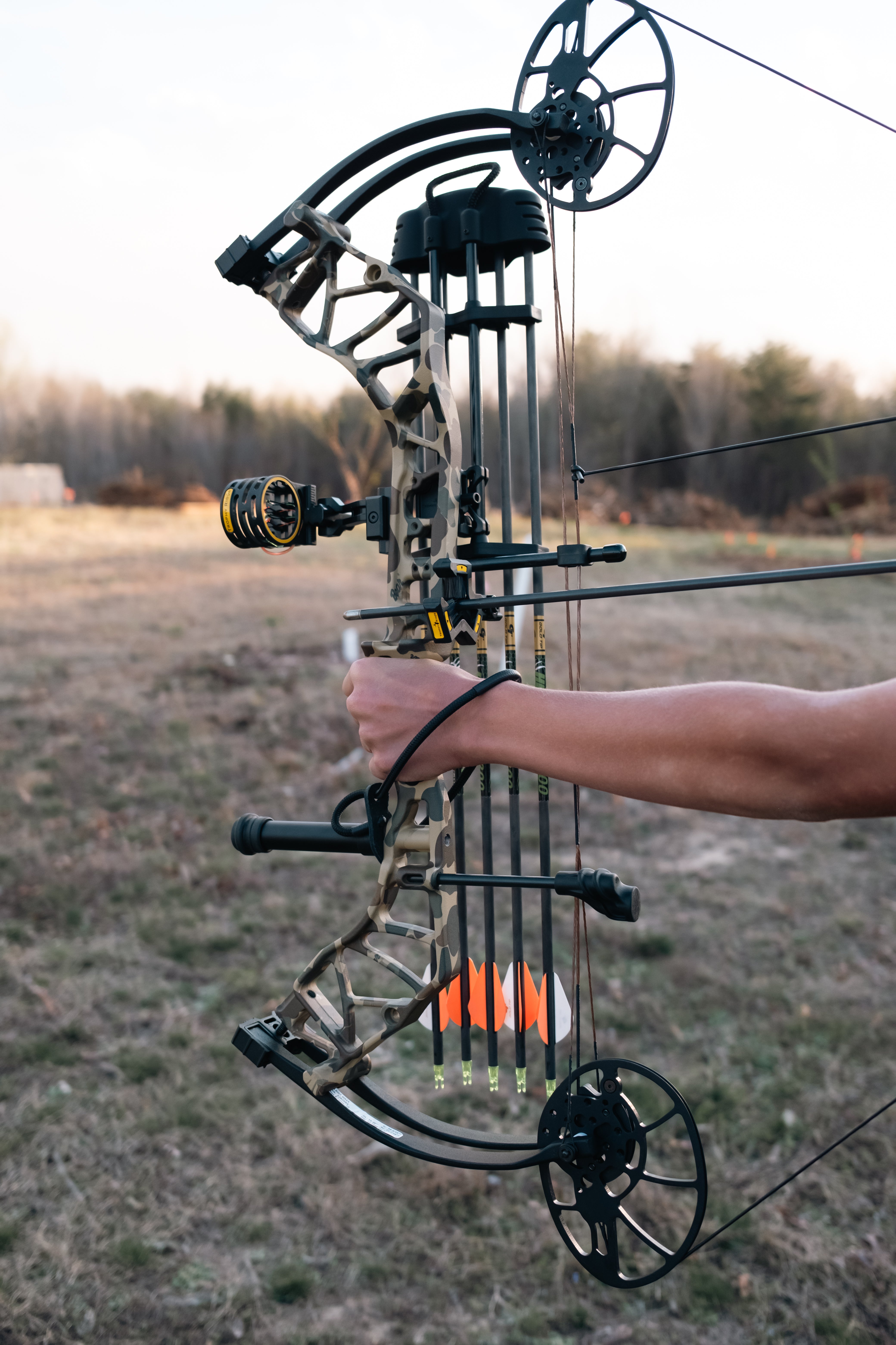 Gold Tip Hunter XT Arrows in a quiver attached to a fully drawn bow.